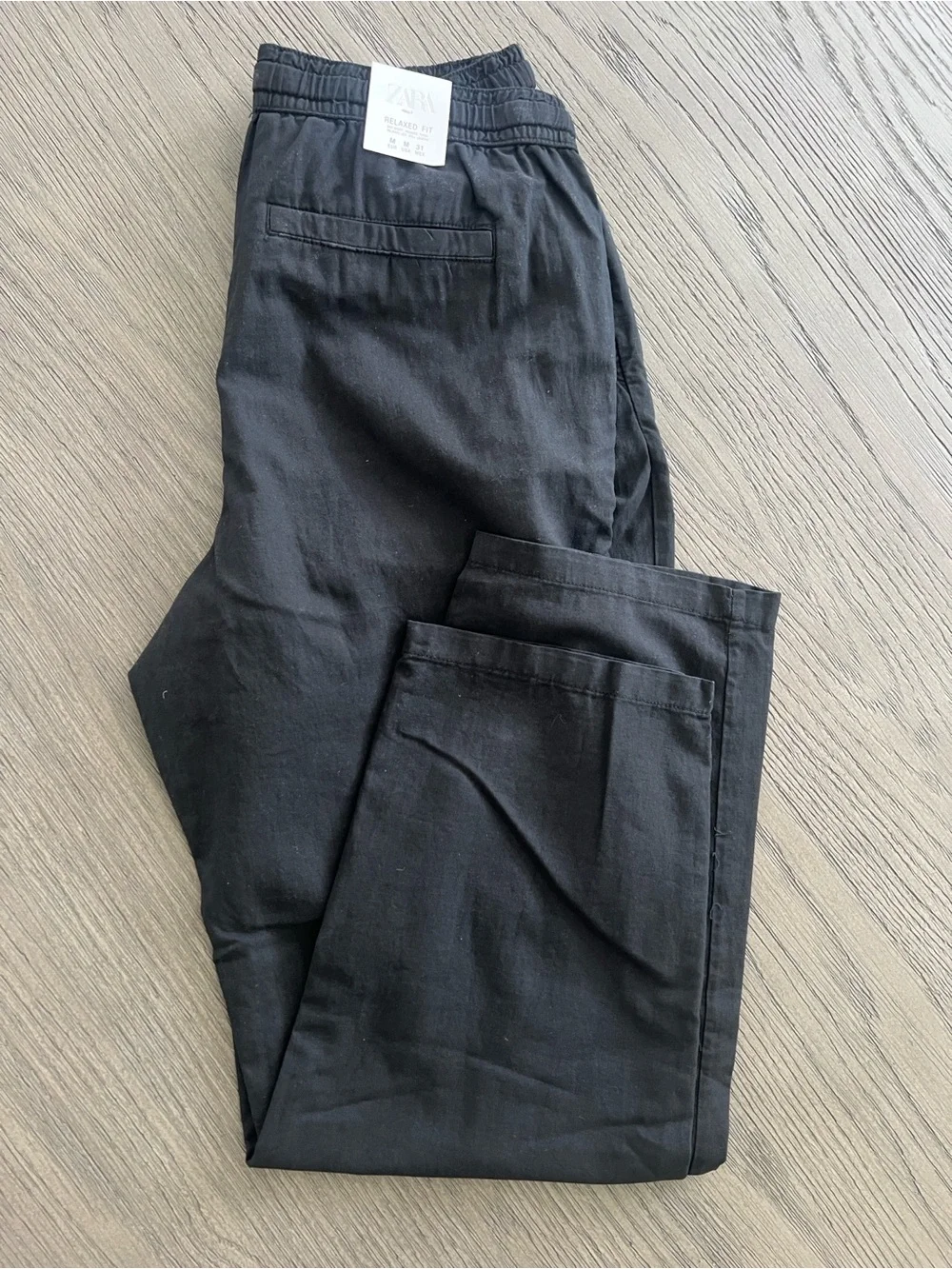 Zara Men's Relaxed Fit Cotton-Linen Pants Black Medium